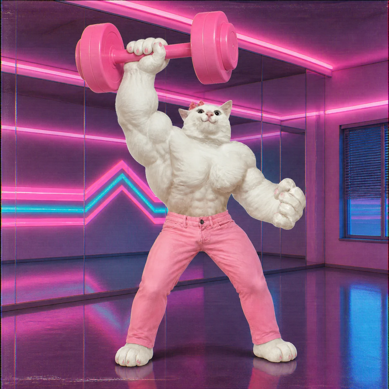 Muscle Cat lifting a pink dumbbell