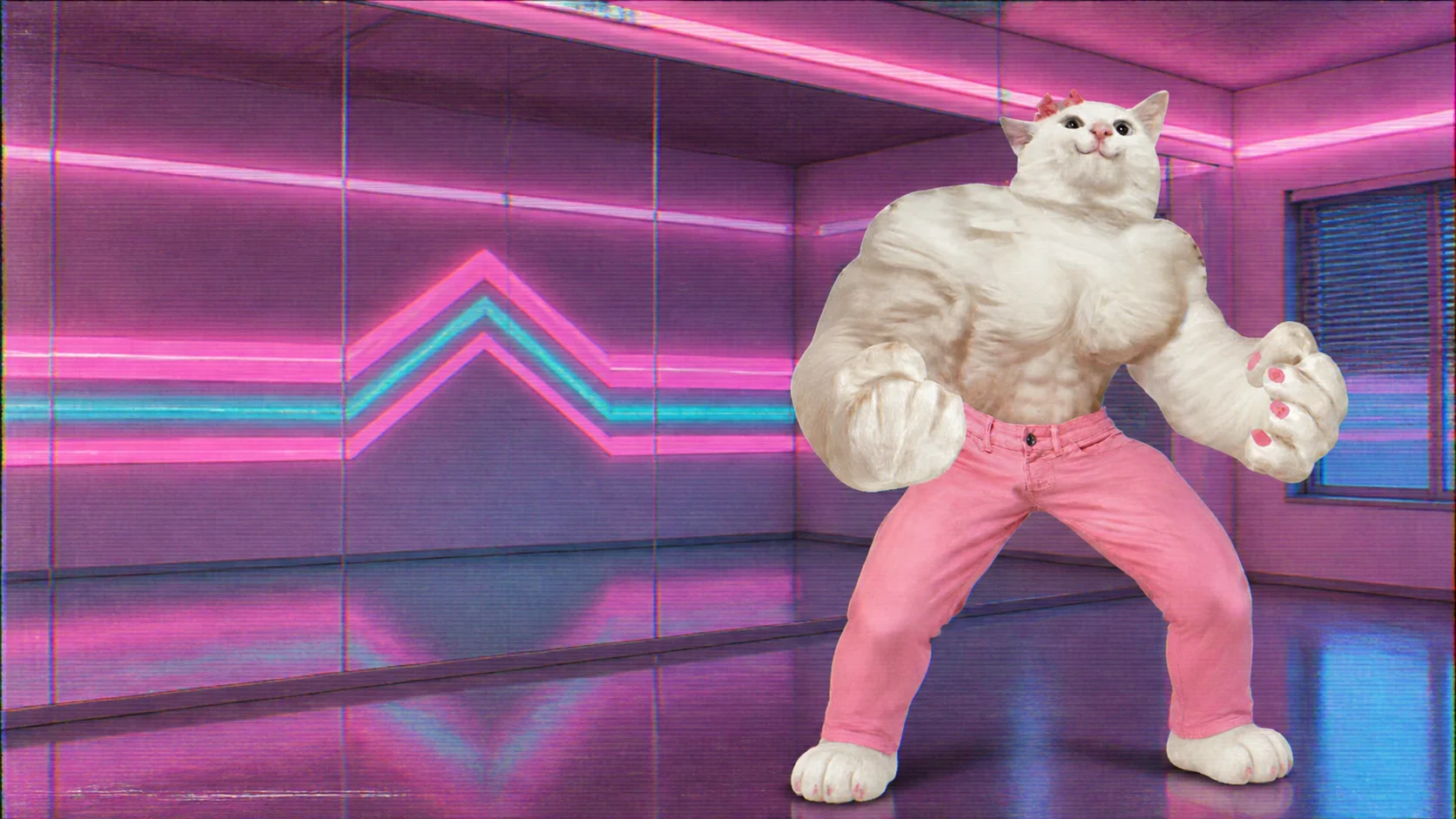 Muscle Cat posing in the neon gym